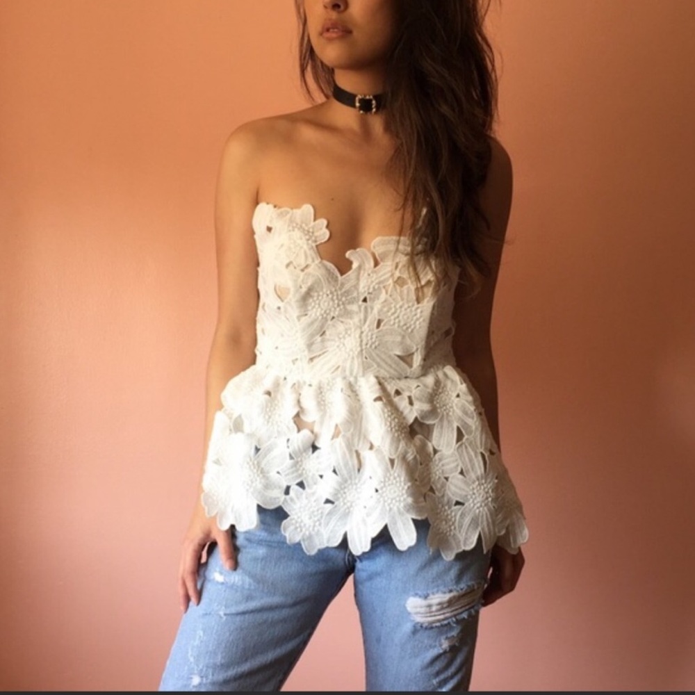 Stone Cold Fox White Lace Strapless Peplum Top